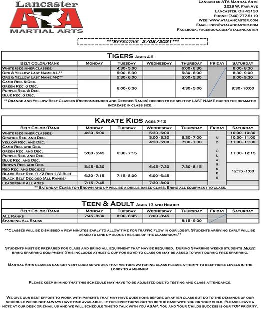 Class Schedule Lancaster ATA Martial Arts Lancaster ATA Martial Arts